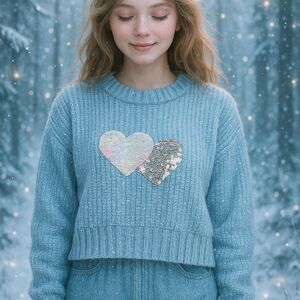 DKNY Blue Chenille Sparkle Sequin Heart Sweater M Cropped Ethereal Fairycore
